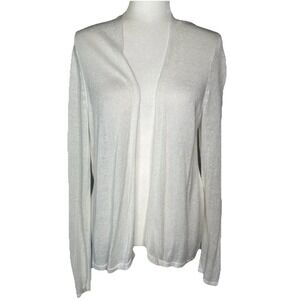 J.Jill Cardigan Med Tall Sweater Ivory White Open Front Thin Knit Linen Blend
